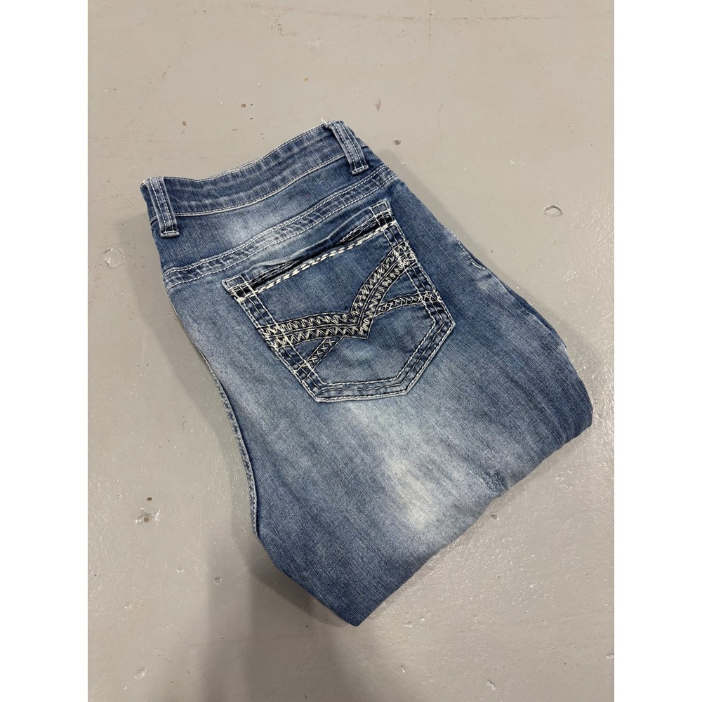 Helix Slim Straight Jeans Mens 36x34 Medium Wash Embroidered Pockets Blue Denim